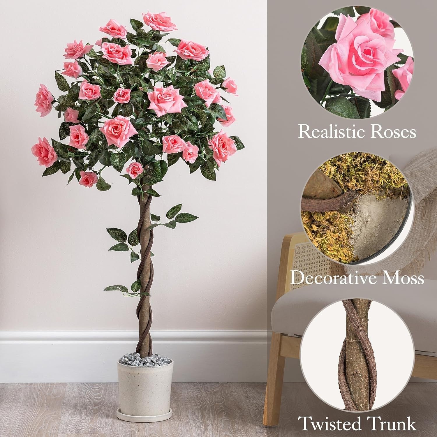 4ft Artificial Pink Rose Trees 2-Pack Twisted Trunk Potted Indoor Outdoor Decor