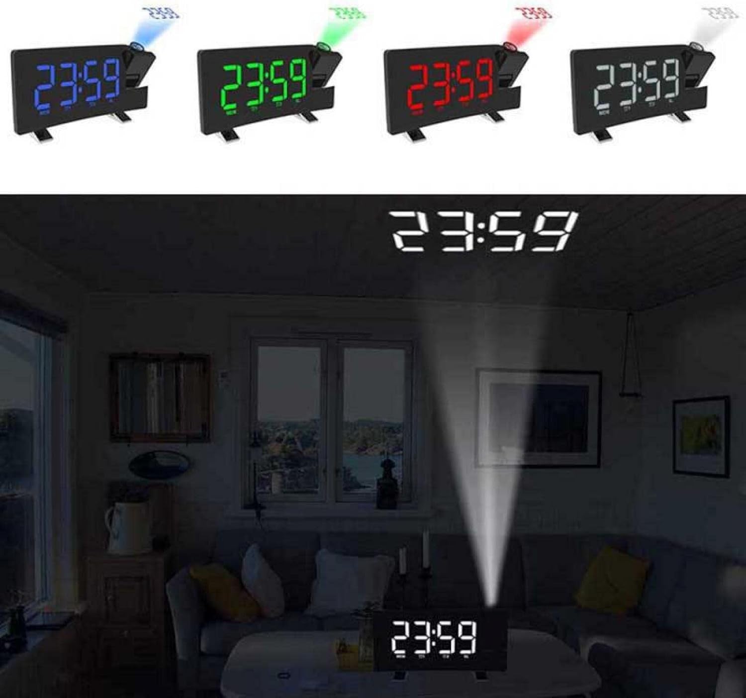 Projection Alarm Clock Large LED Display FM Radio Bedside Timer