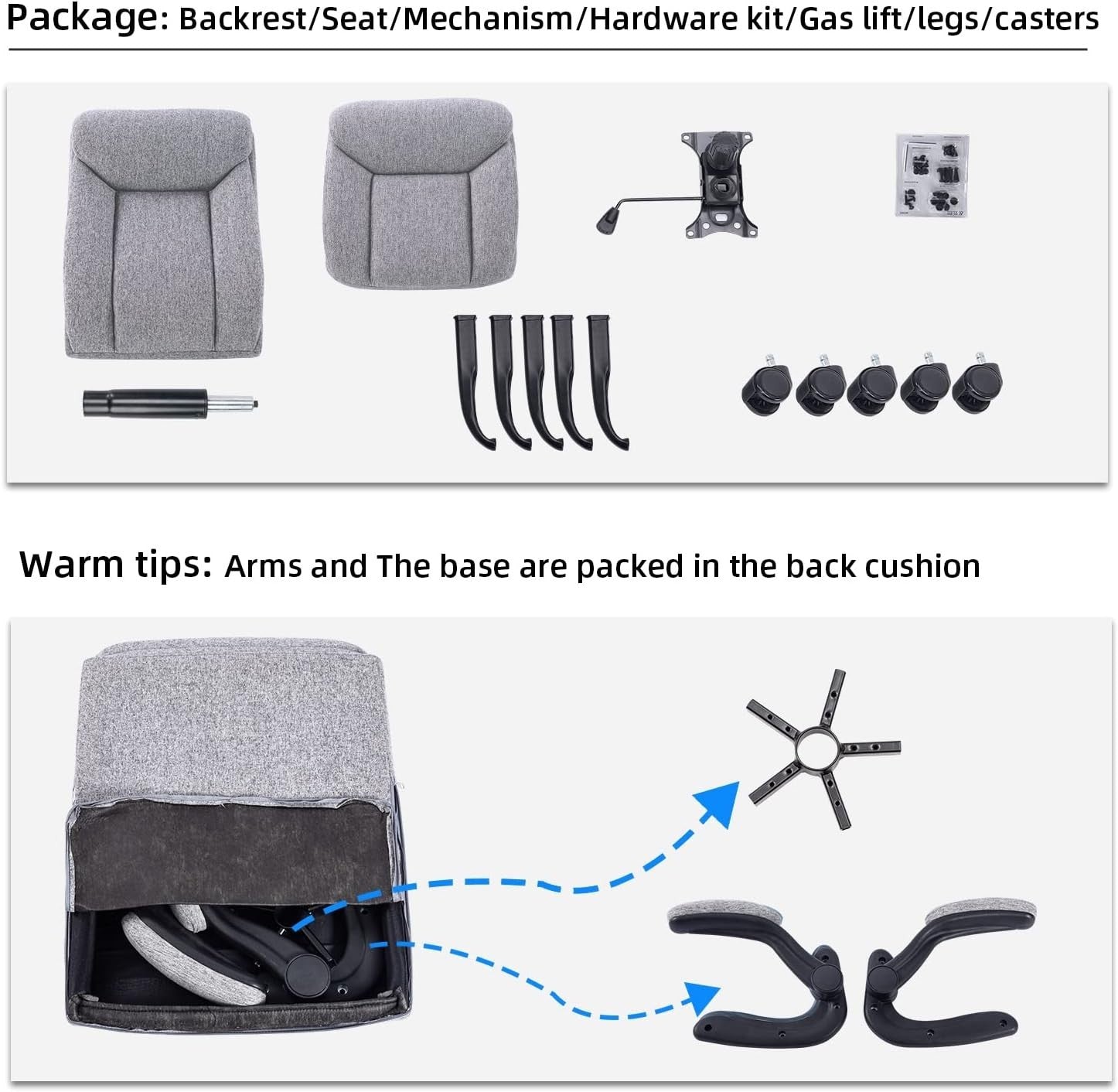 Ergonomic Office Chair High Back Swivel Desk Chair Padded Armrests Gray Max 150K