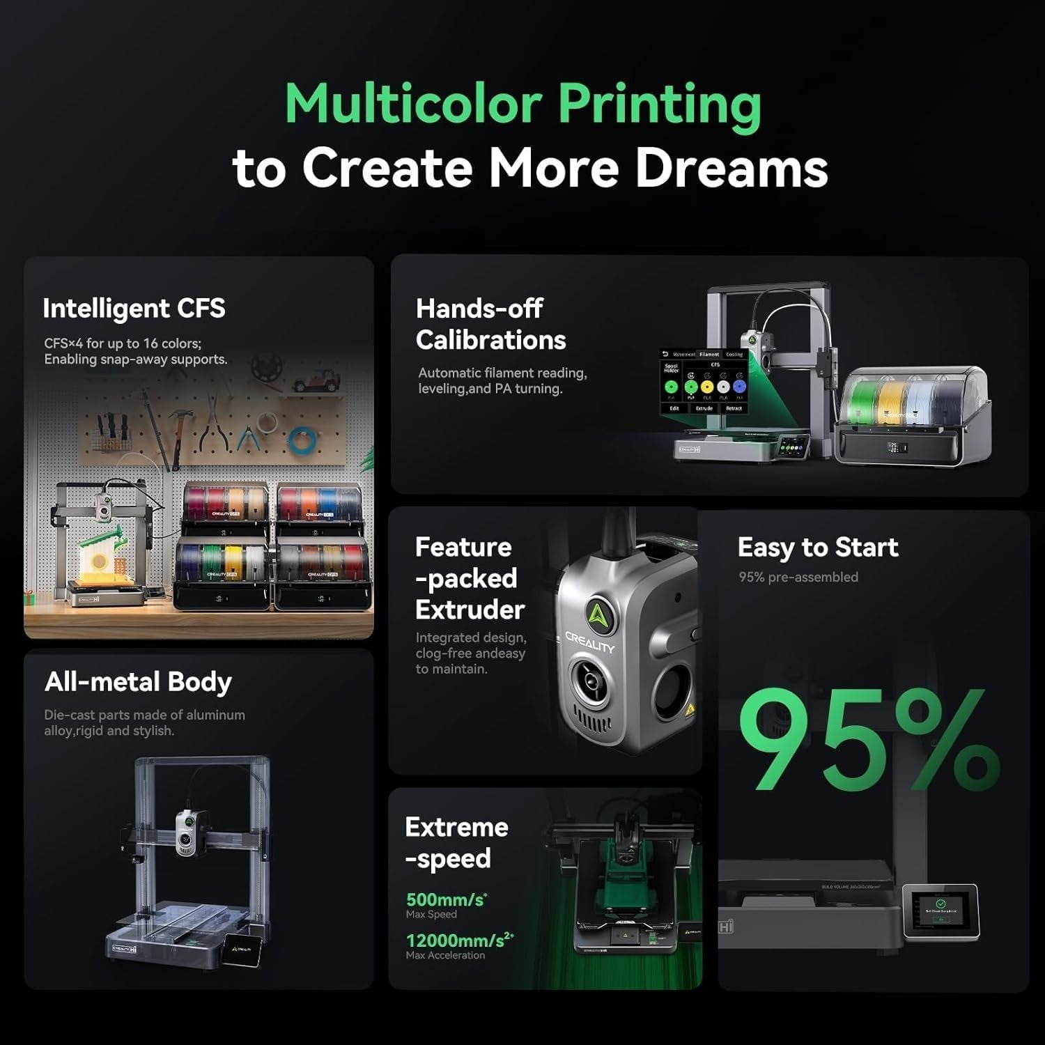 Multi-Color FDM 3D Printer 500mm/s Auto Level Quiet Large Build