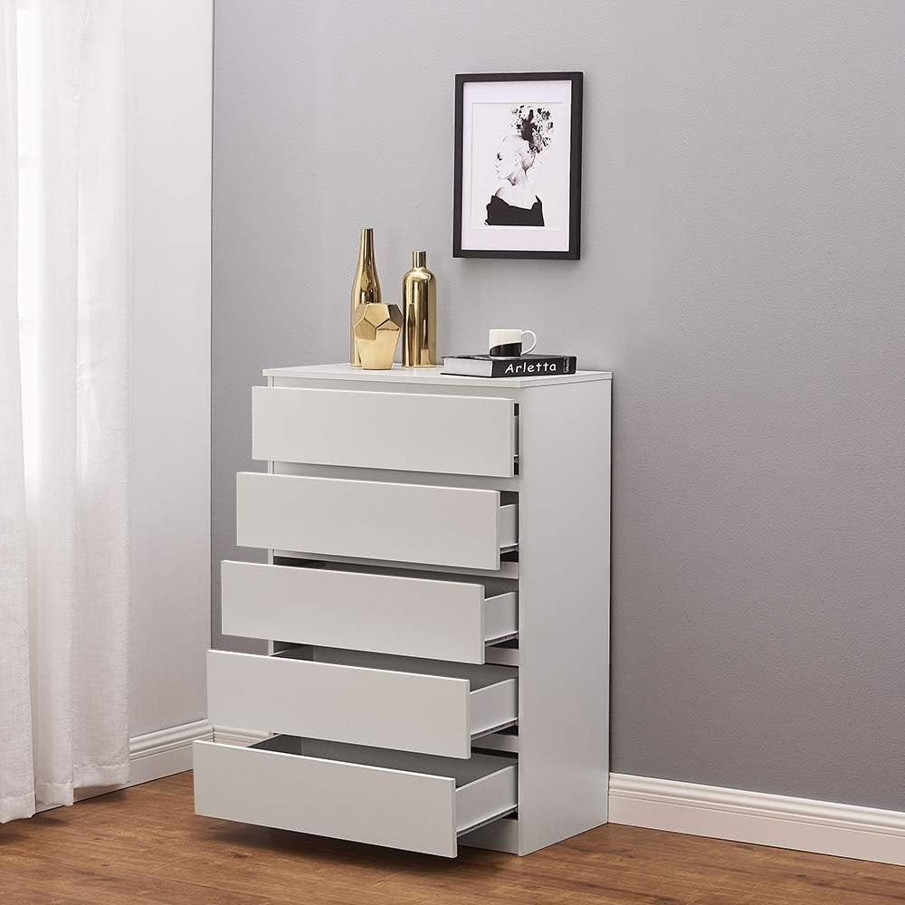 White 5 Drawer Chest | Tall Modern Storage Unit | Bedroom Office Cabinet