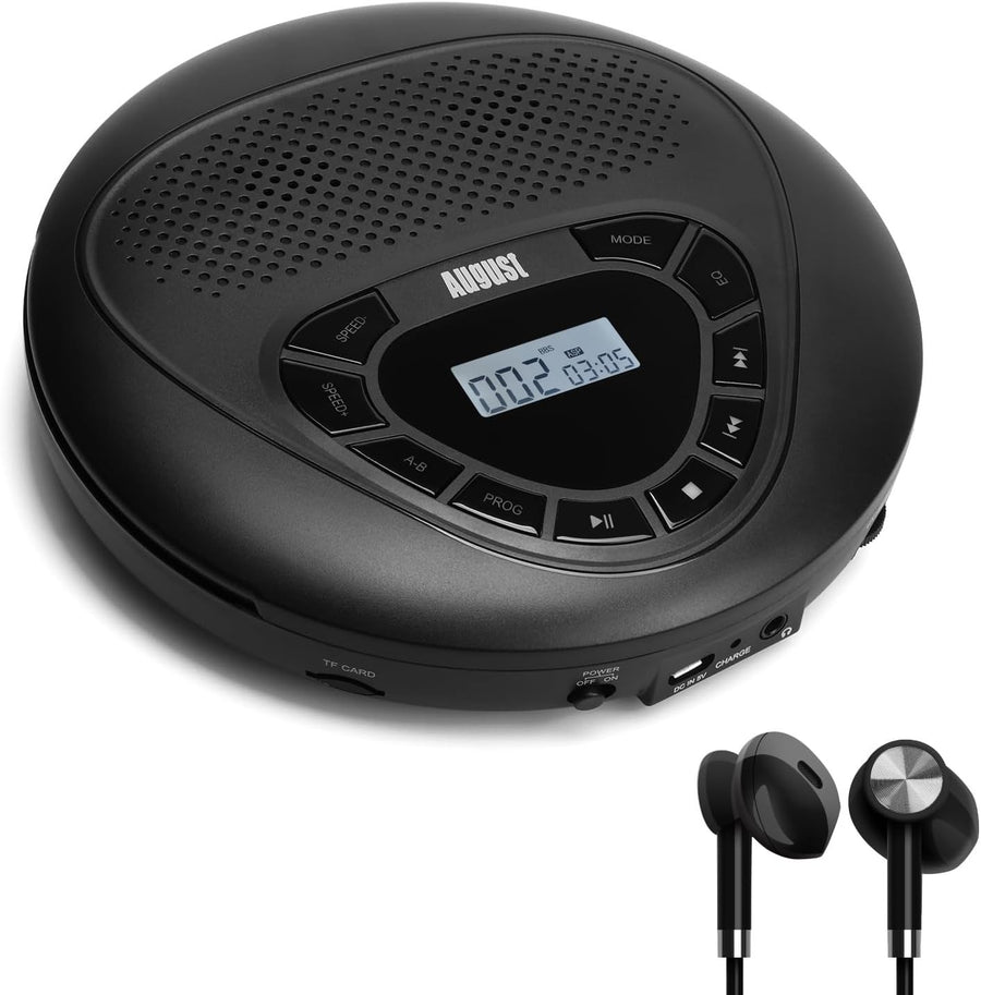 Portable CD Player Rechargeable Discman AUX Micro SD Anti Shock Black