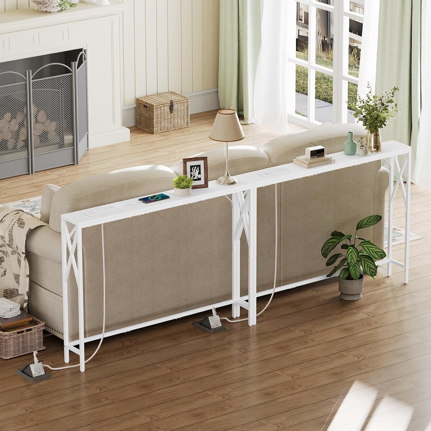 2x Slim Console Tables with USB Charging – 100cm Entryway or Sofa Table
