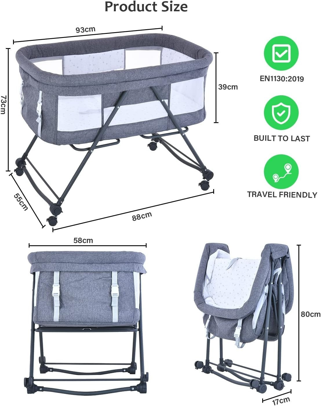 Portable Travel Cot with Mattress Rocking Bassinet Bedside Crib Silent Wheels
