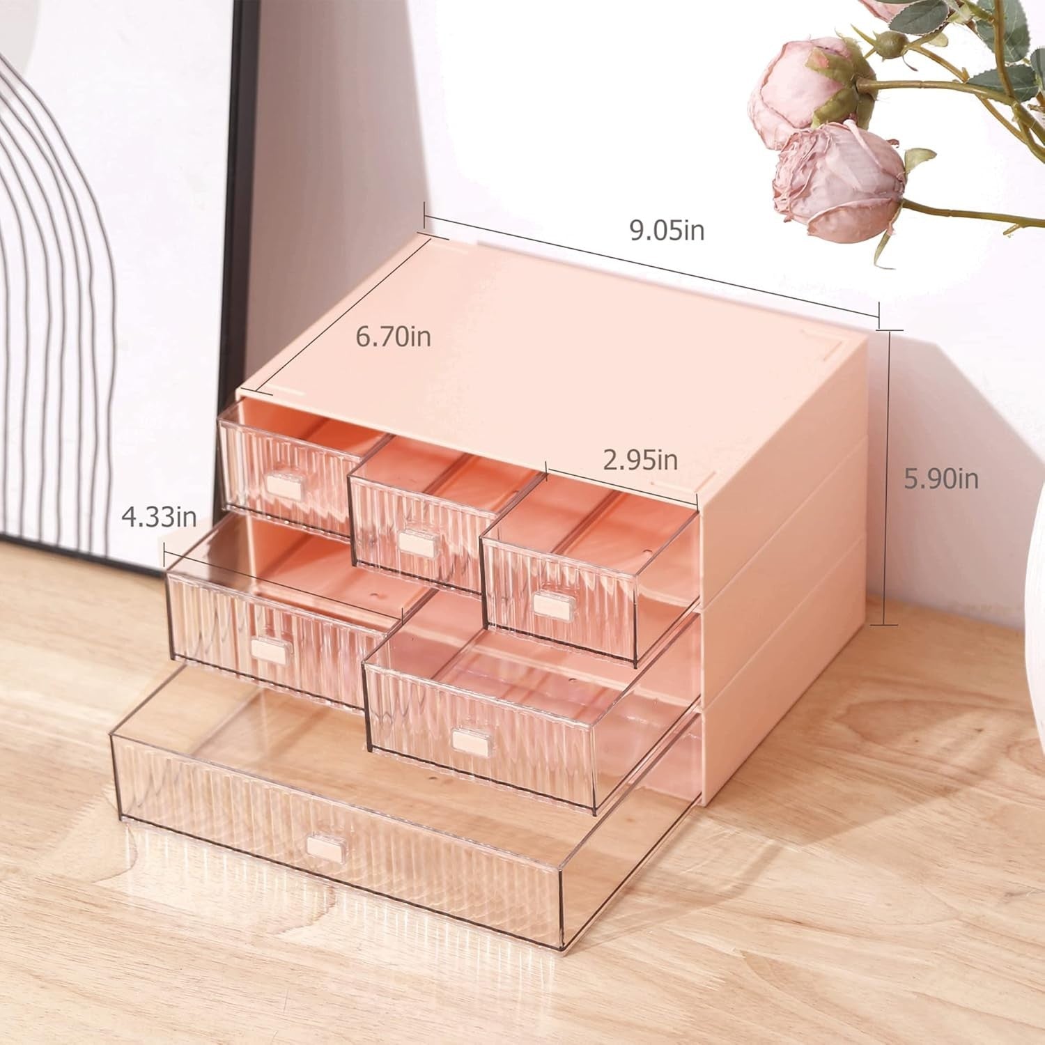 3 Tier Desk Organizer 6 Clear Drawers Stackable Makeup Office Pink