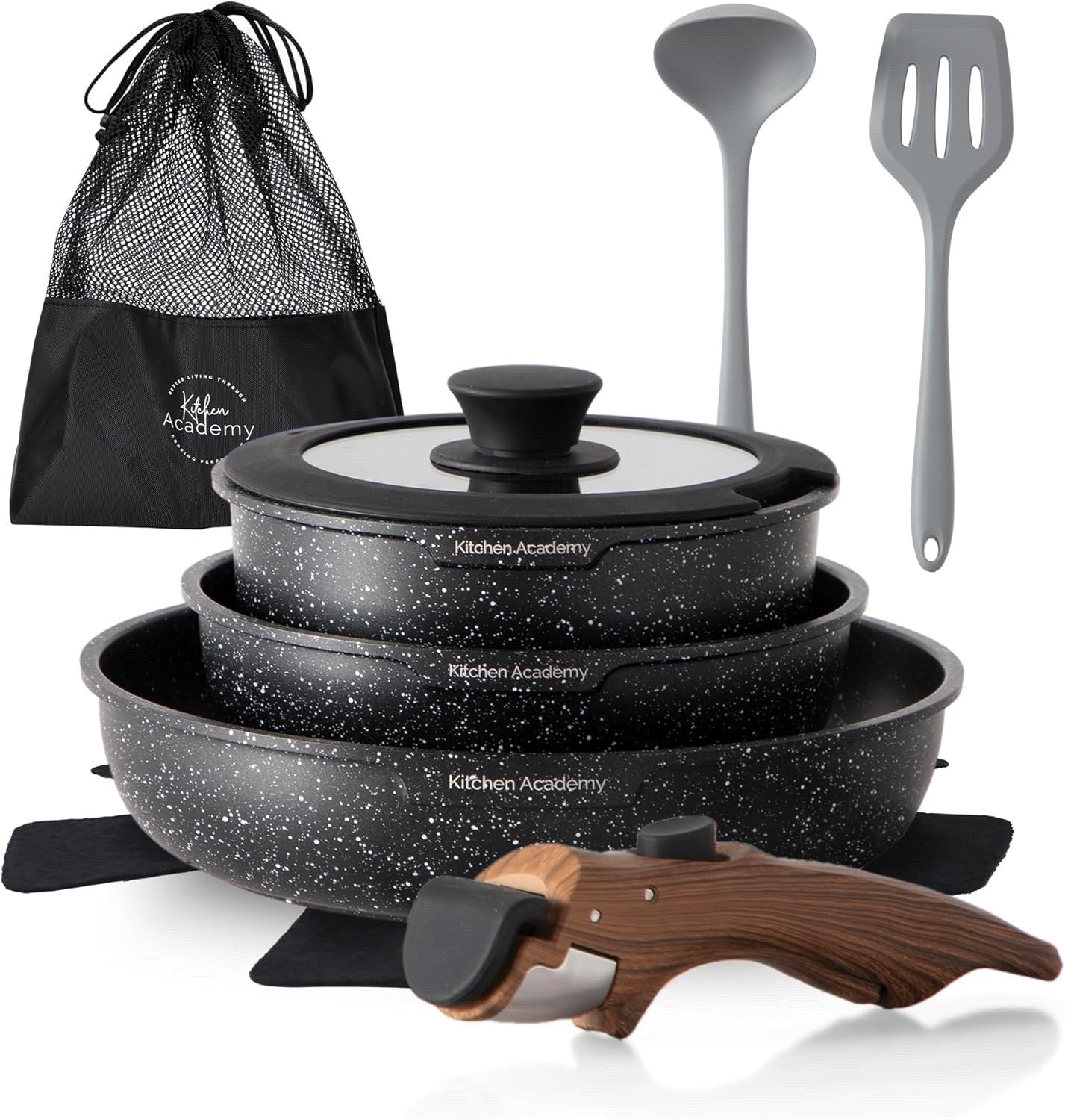 10pcs Black Granite Non Stick Induction Cookware Set with Detachable Handle