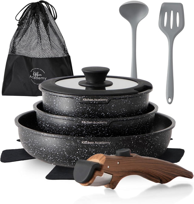 10pcs Black Granite Non Stick Induction Cookware Set with Detachable Handle