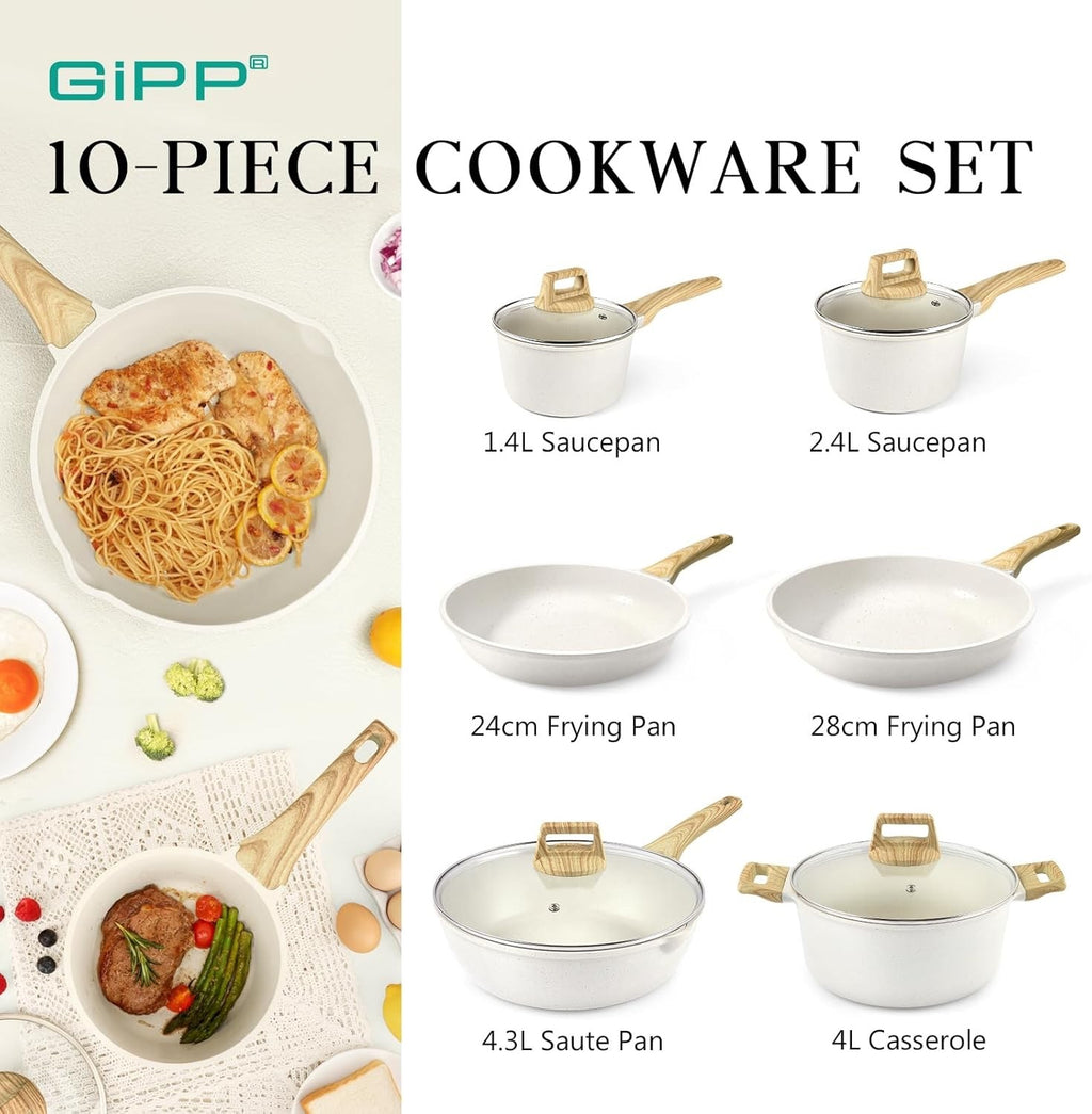 10Pcs White Ceramic Non Stick Cookware Set with Glass Lids, Induction & Gas Safe