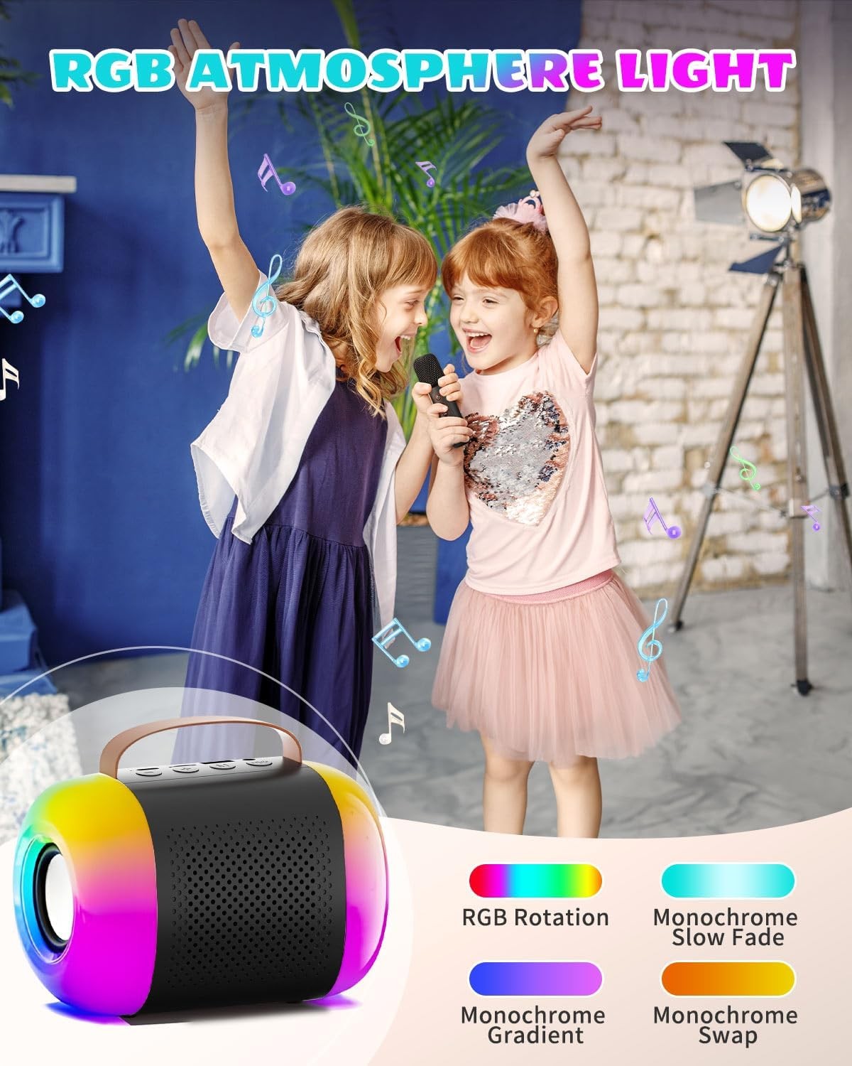 Black Mini Karaoke Machine 1 Wireless Mic Bluetooth LED Voice Changer