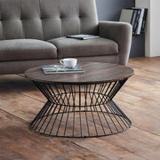 Round Walnut Coffee Table with Black Wire Base – Modern Industrial Style.