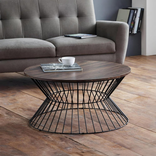 Round Walnut Coffee Table with Black Wire Base – Modern Industrial Style.