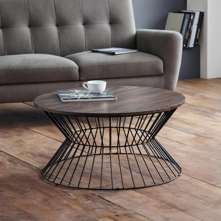 Round Walnut Coffee Table with Black Wire Base – Modern Industrial Style.