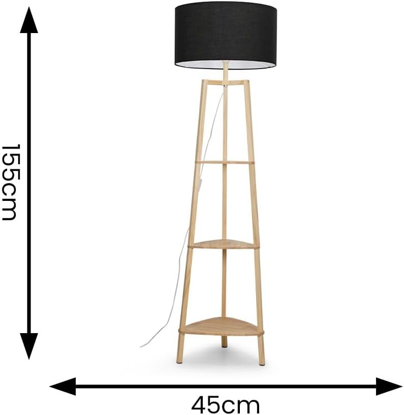 Wooden Floor Lamp with Shelves Black Shade Storage Standing Light LED