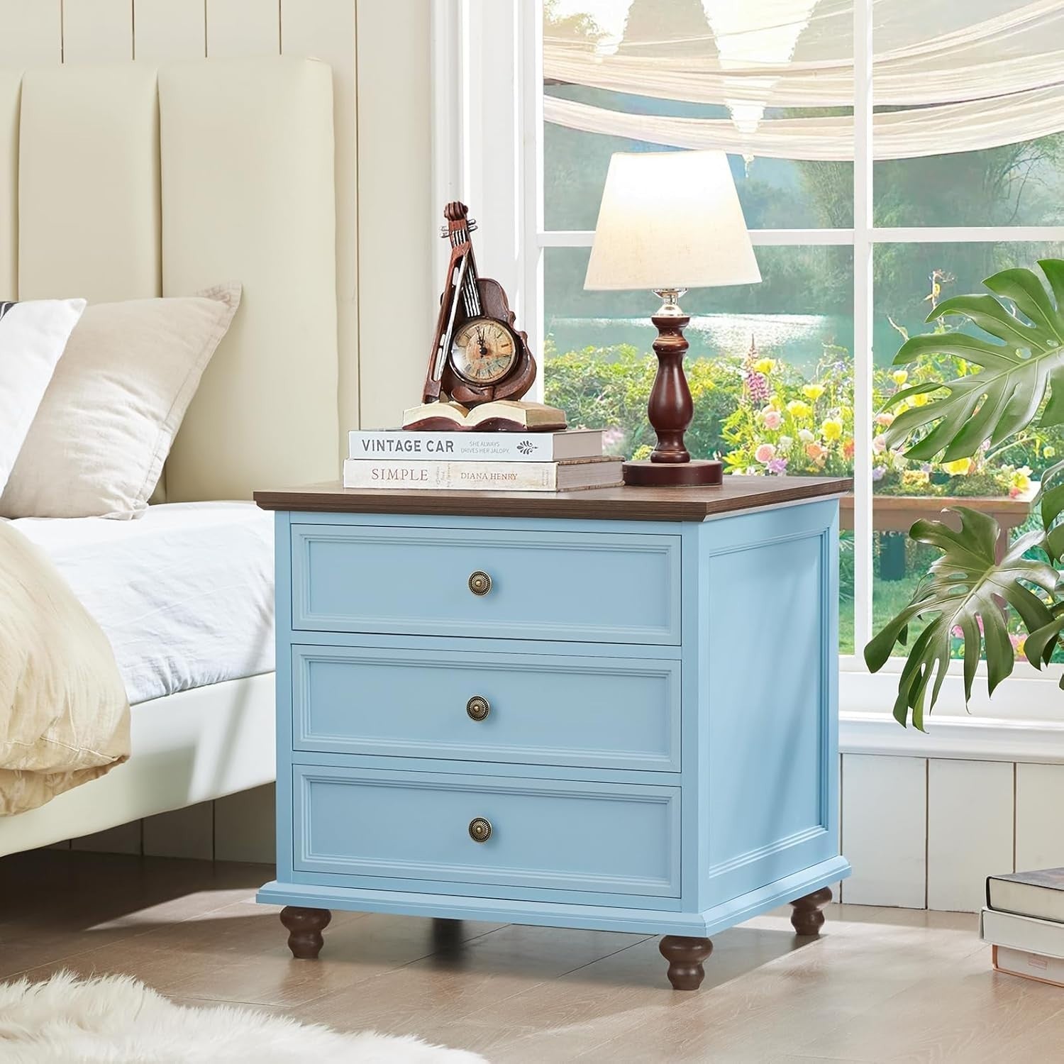 Light Blue Wooden Bedside Table with Drawers – Country Style Nightstand