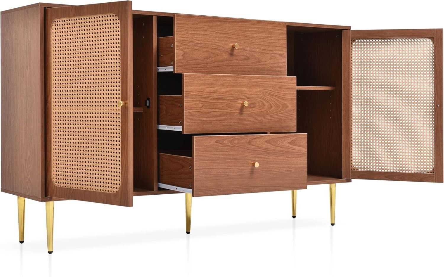 Walnut Rattan Sideboard Cabinet 2 Doors, 3 Drawers & Adjustable Shelf Unit