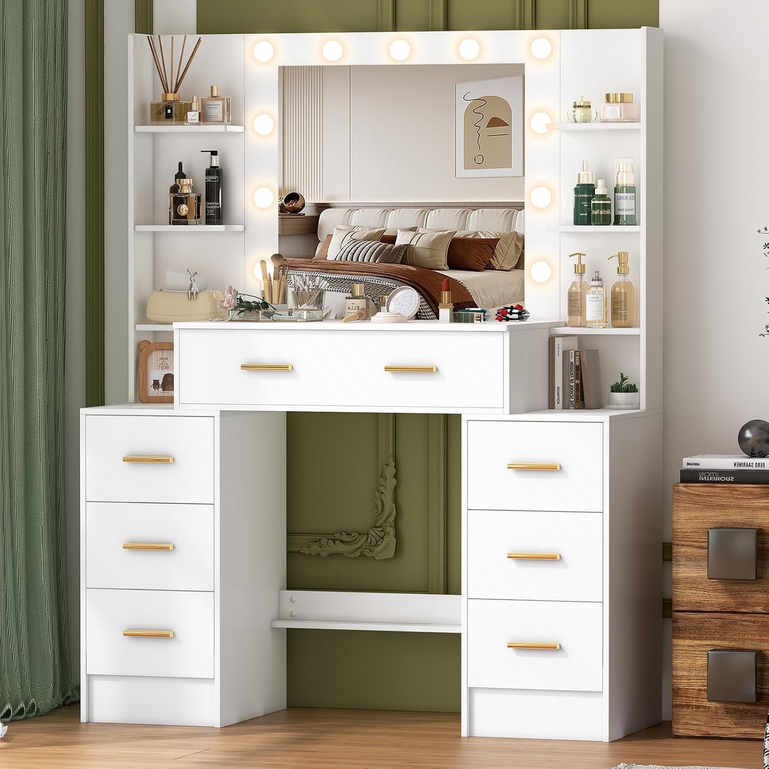 Modern Vanity Desk w/Lighted Hollywood Mirror 8-Drawer Makeup Table White