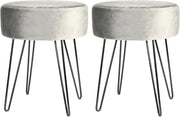 Set of 2 Grey Velvet Footstools Black Legs Modern Round Pouffe Seats