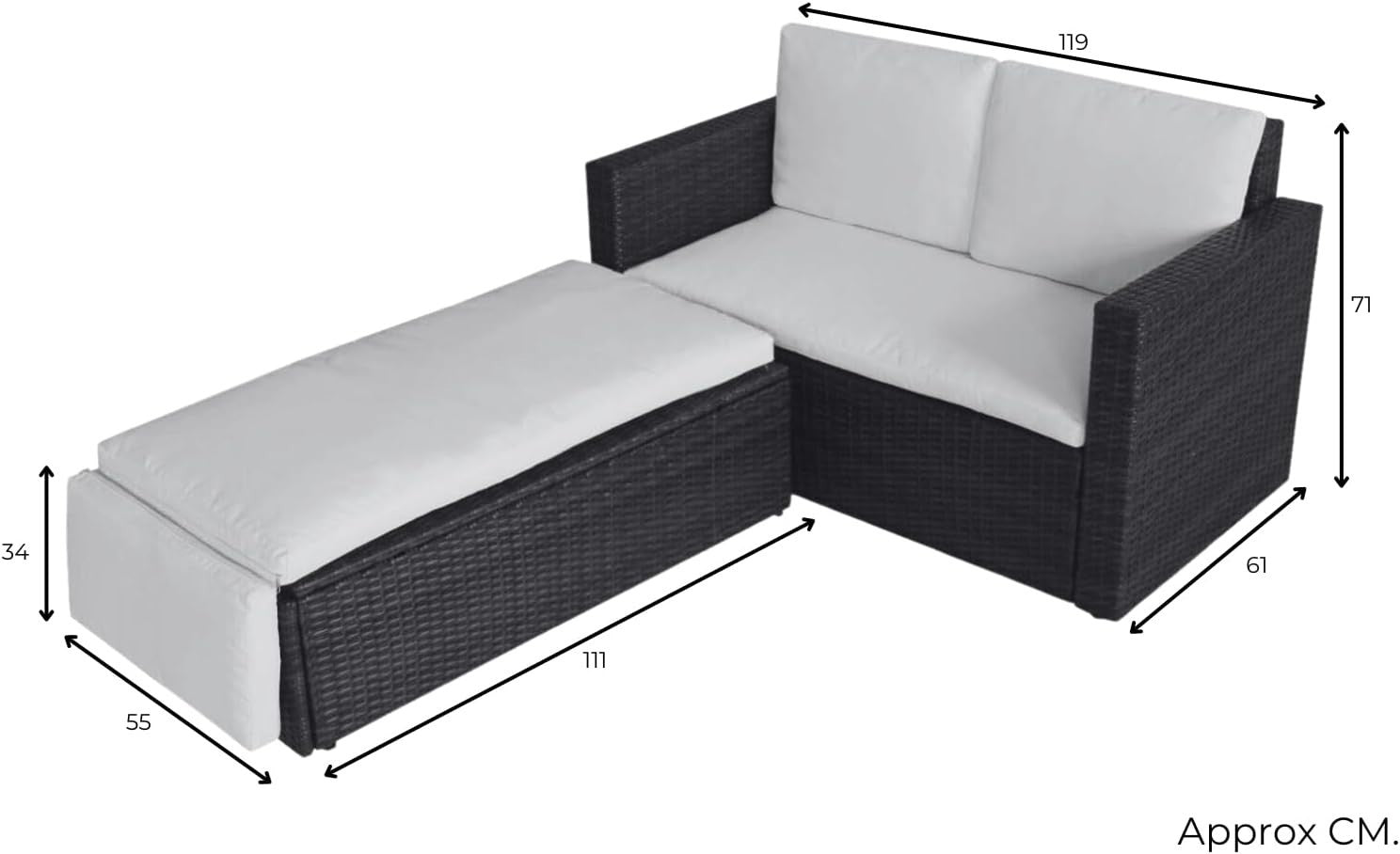 Brown 2-Seater Rattan Outdoor Lovebed with Cushions & Adjustable Footstool