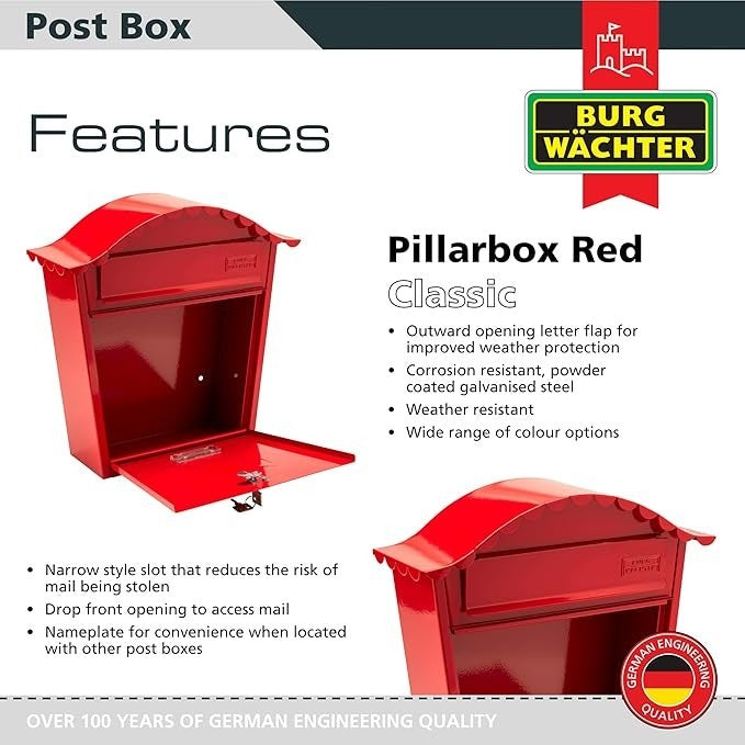 Lockable Wall Mounted Red Steel Post Box Weatherproof Secure Mailbox 36x37x13cm