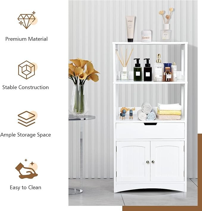 White Wooden Storage Cabinet Freestanding Unit with Shelves Drawer Cupboard