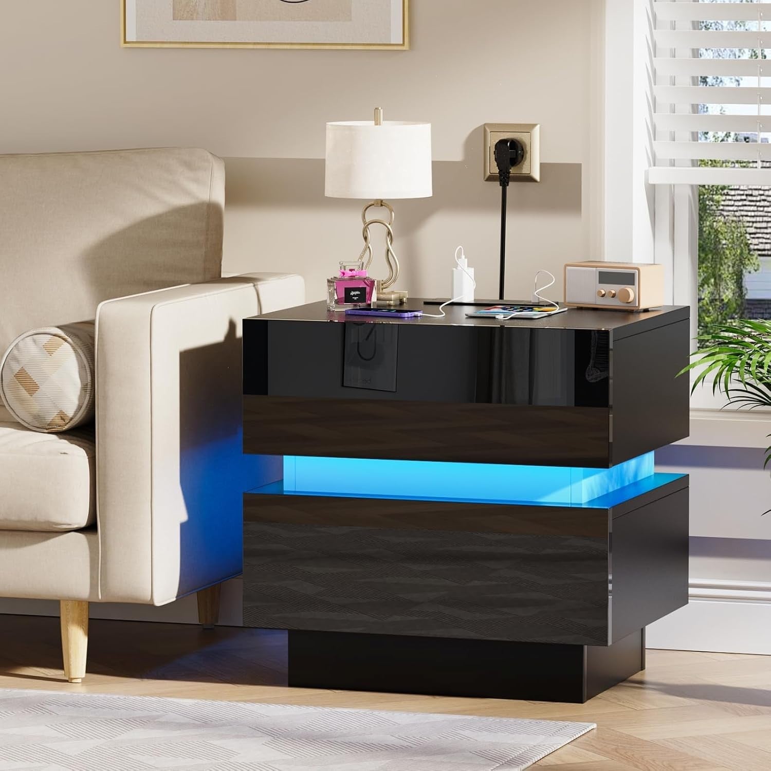 Modern Black LED Bedside Table with USB Charging Ports, Power Socket & 2 Drawers