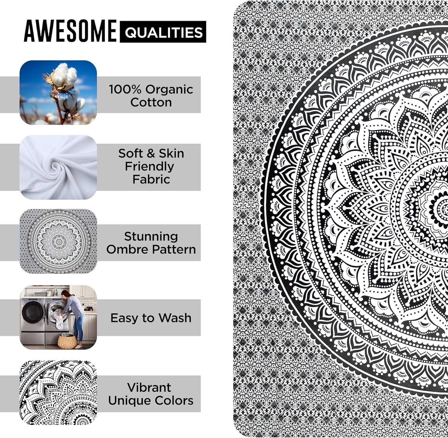 Boho Black White Cotton Tapestry 54x84" Wall Art Decor