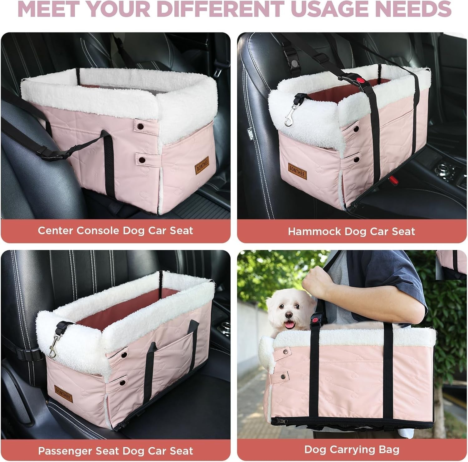 Pink Console Dog Car Seat Small Pet Booster PU Leather Travel Carrier