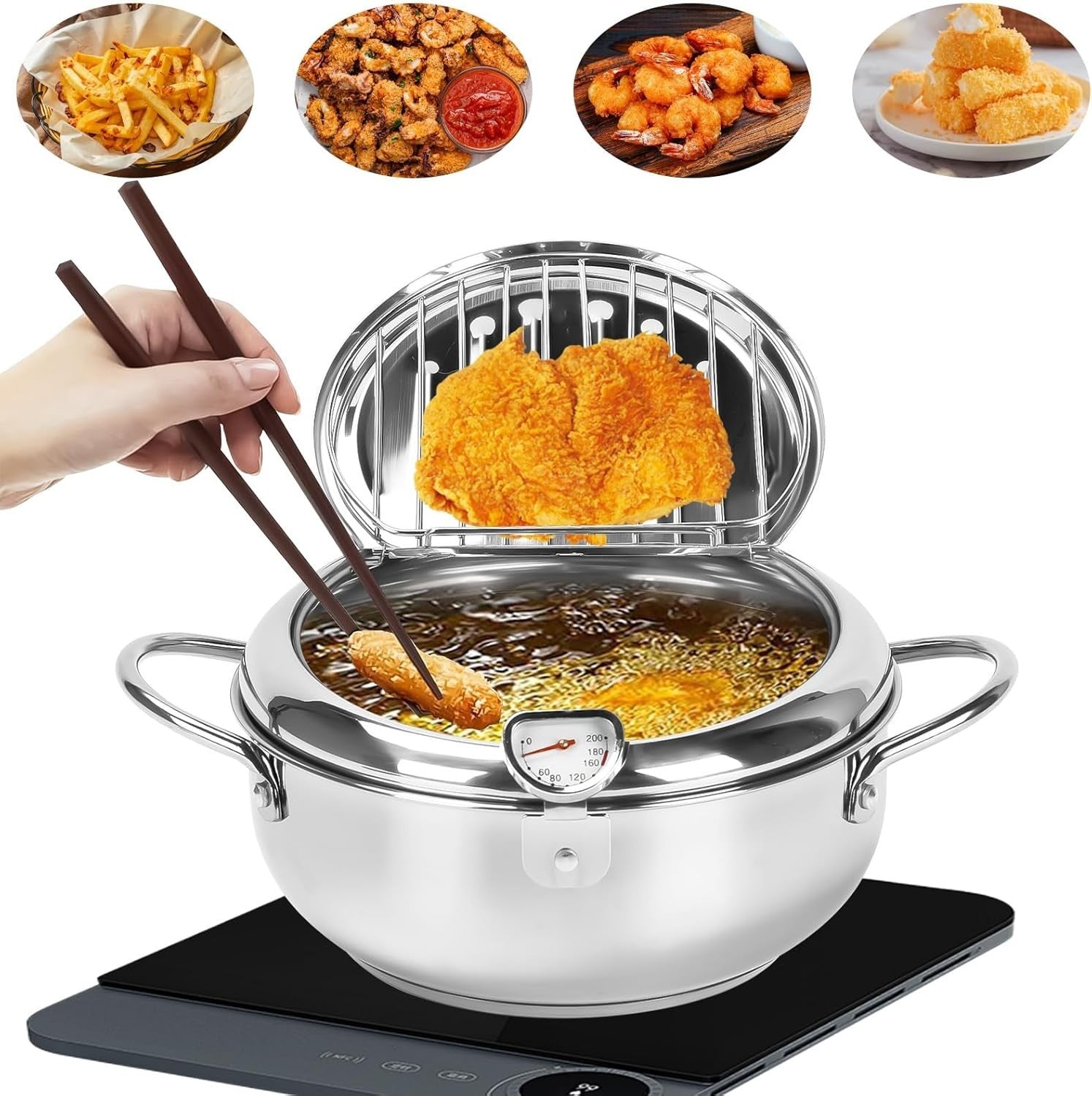 Stainless Steel Deep Fryer Pot 4.2L Temp Control Lid Oil Drain Rack