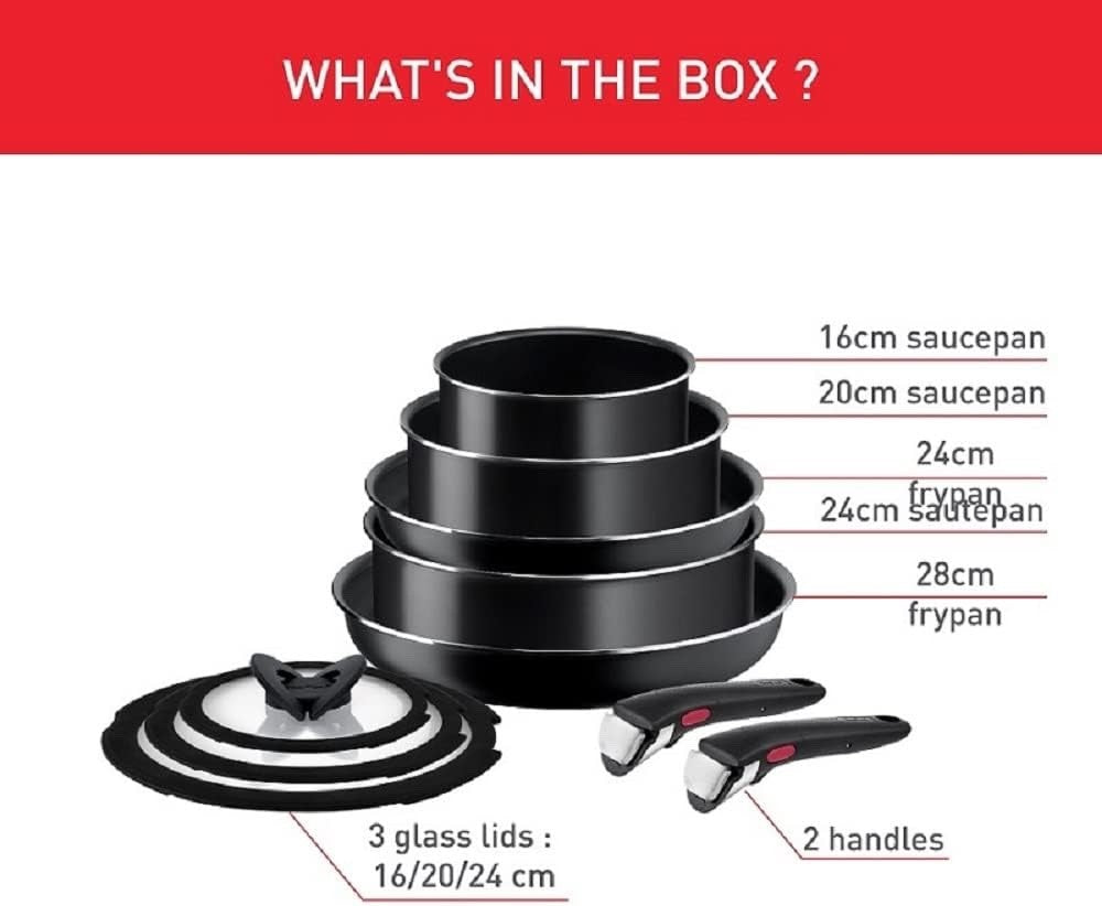 10pcs Non Stick Pots & Pans Cookware Set Stackable Easy Clean Removable Handle