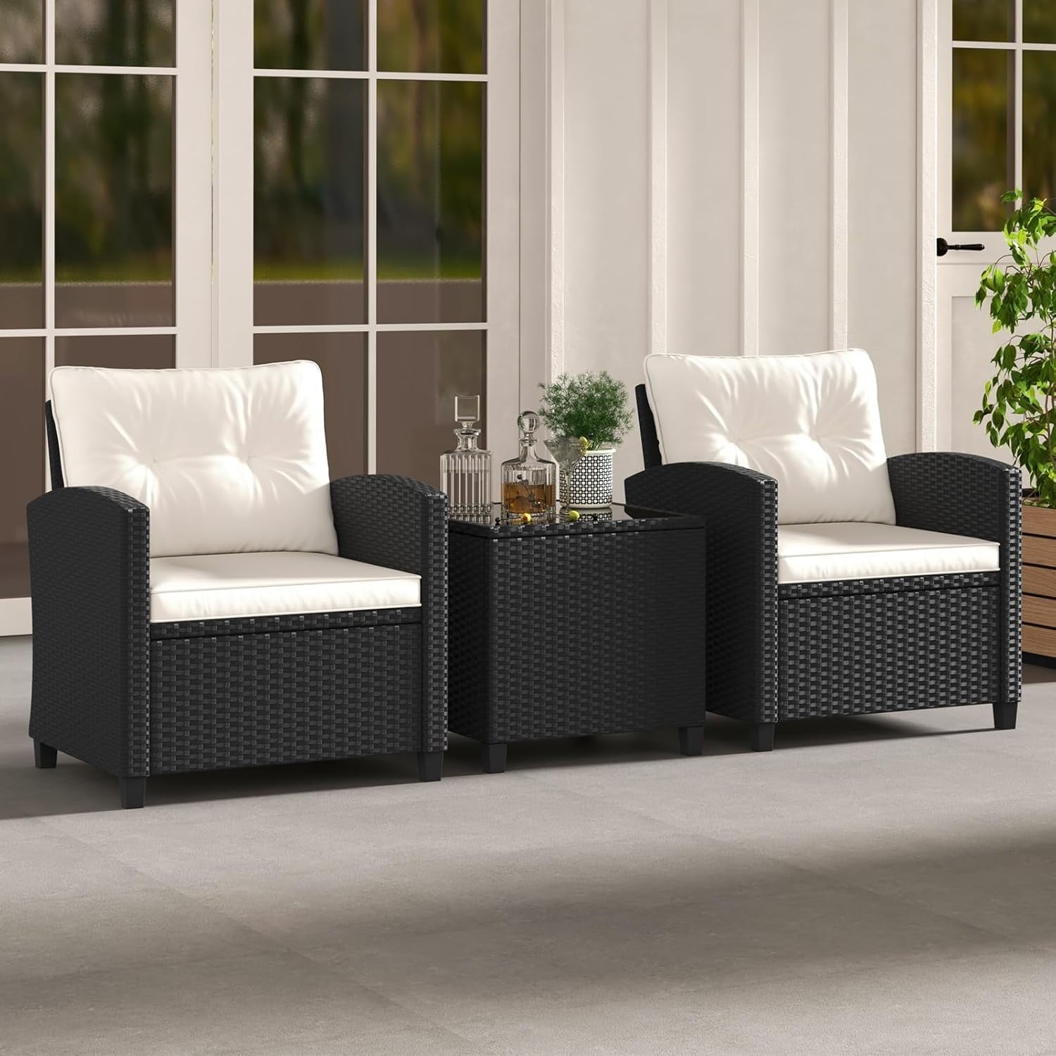 3PC Rattan Garden Bistro Set Chairs Table Cushions Outdoor Patio Lounge