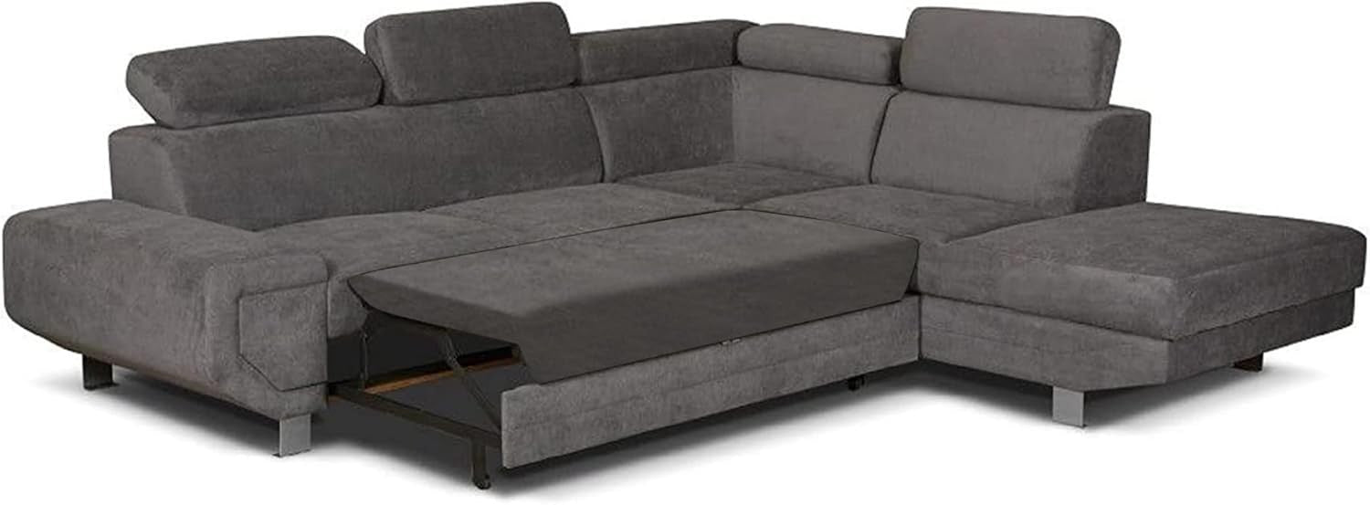 Grey L-Shape Corner Sofa Bed with Storage Right Arm Metal Frame