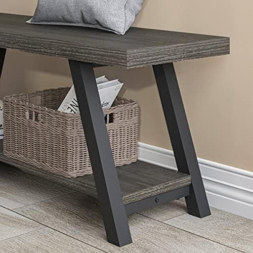 Dark Grey Oak Industrial Storage Bench Metal Frame Entryway Shoe Rack Seat