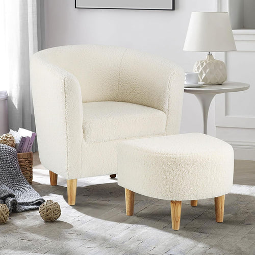 White Sherpa Armchair with Footstool Lounge Tub Chair Soft Snuggle Seat