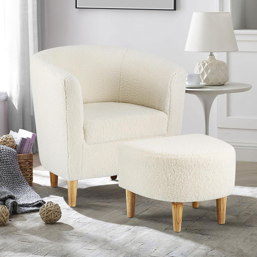 White Sherpa Armchair with Footstool Lounge Tub Chair Soft Snuggle Seat