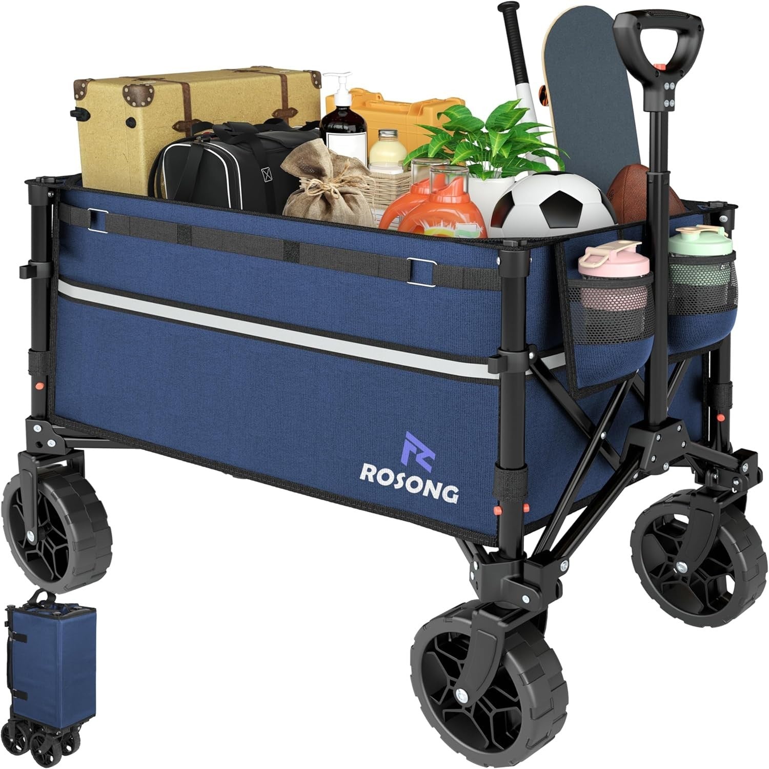 Collapsible Heavy Duty Folding Wagon Cart with Wheels Utility Trolley Navy Blue