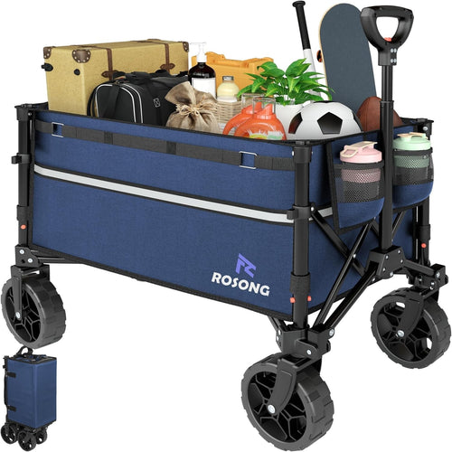 Collapsible Heavy Duty Folding Wagon Cart with Wheels Utility Trolley Navy Blue