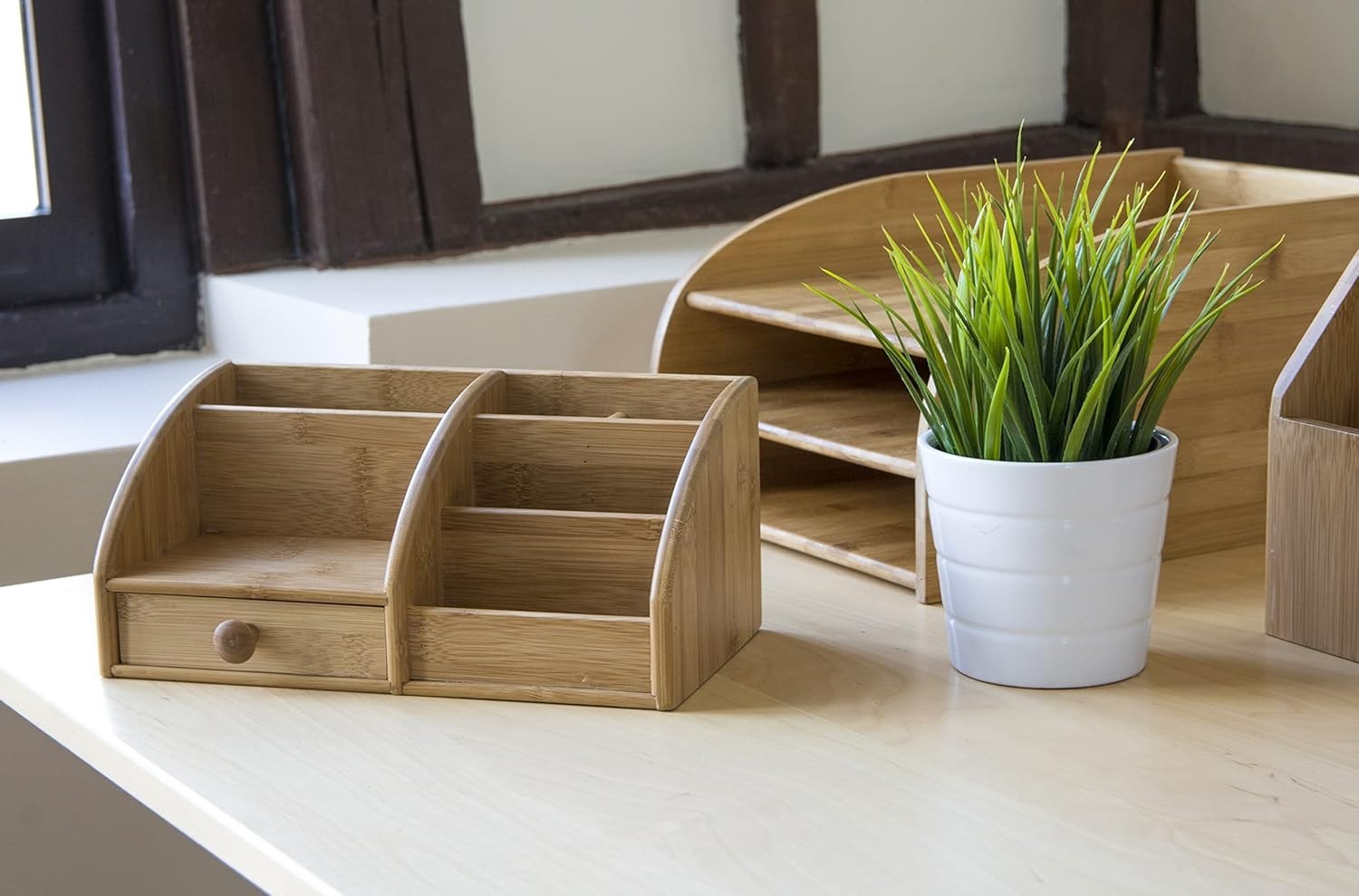 Bamboo Desk Organiser 6 Compartments 1 Drawer Office Tidy 8-Pack