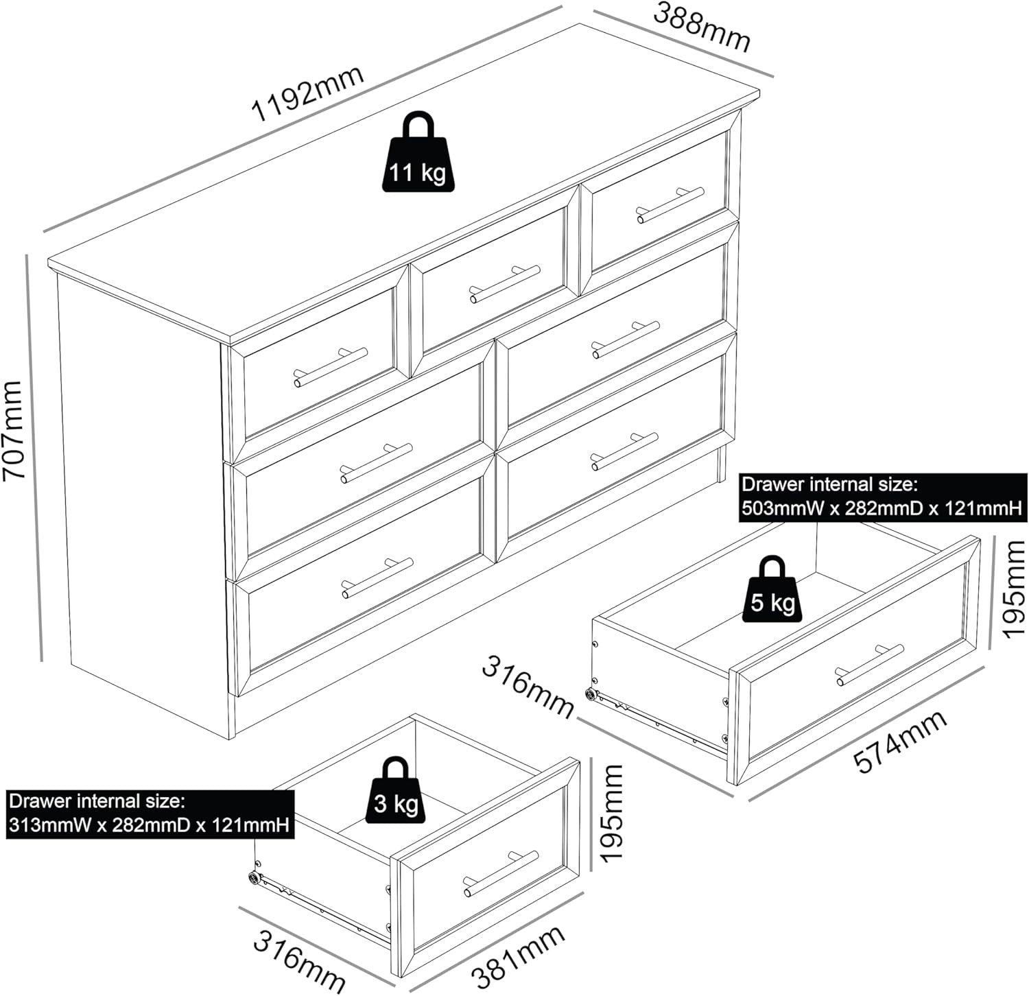 7-Drawer Storage Chest for Bedroom, Entryway & Living Room – Light Grey/Oak