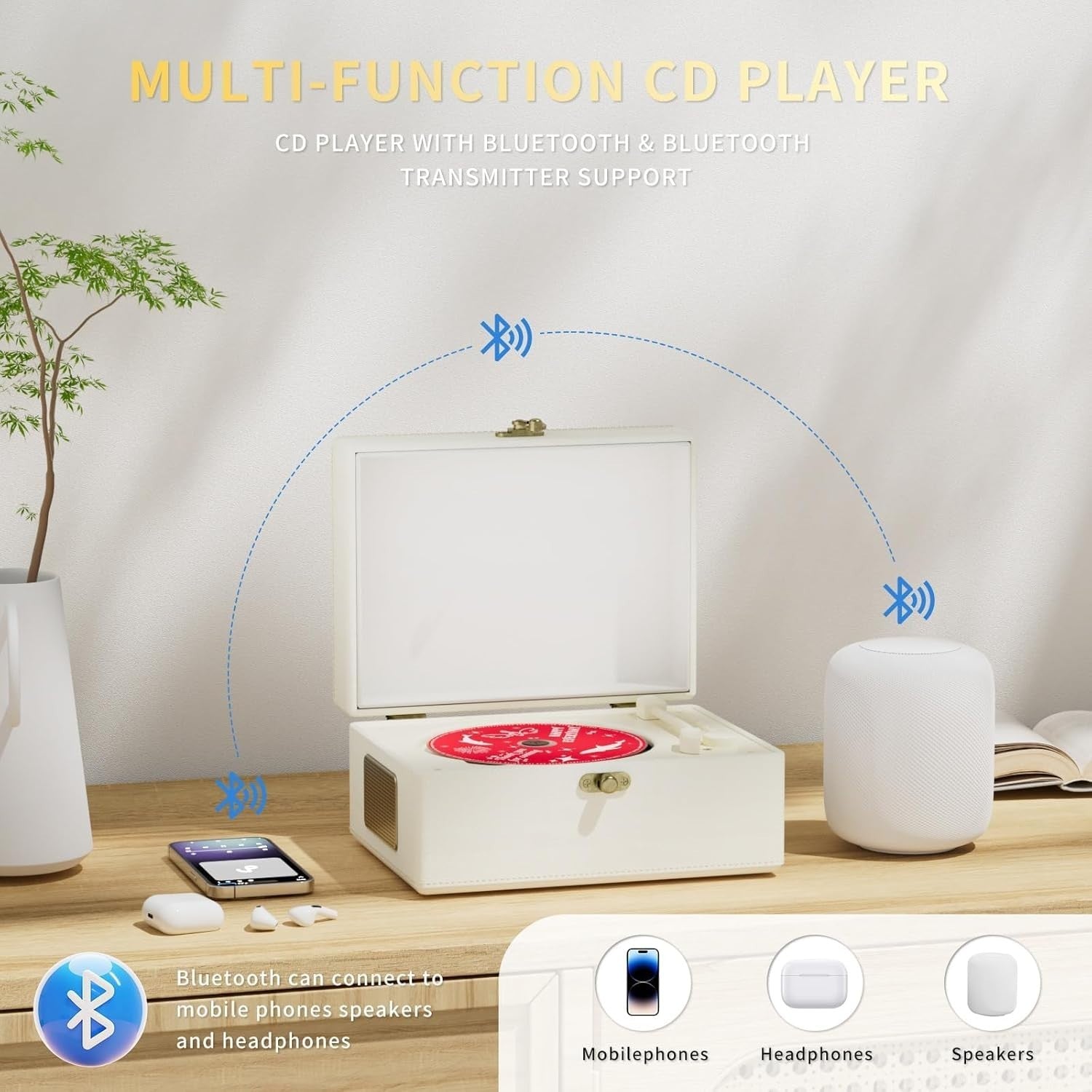 Rechargeable Leather CD Player w Speakers Bluetooth USB Remote