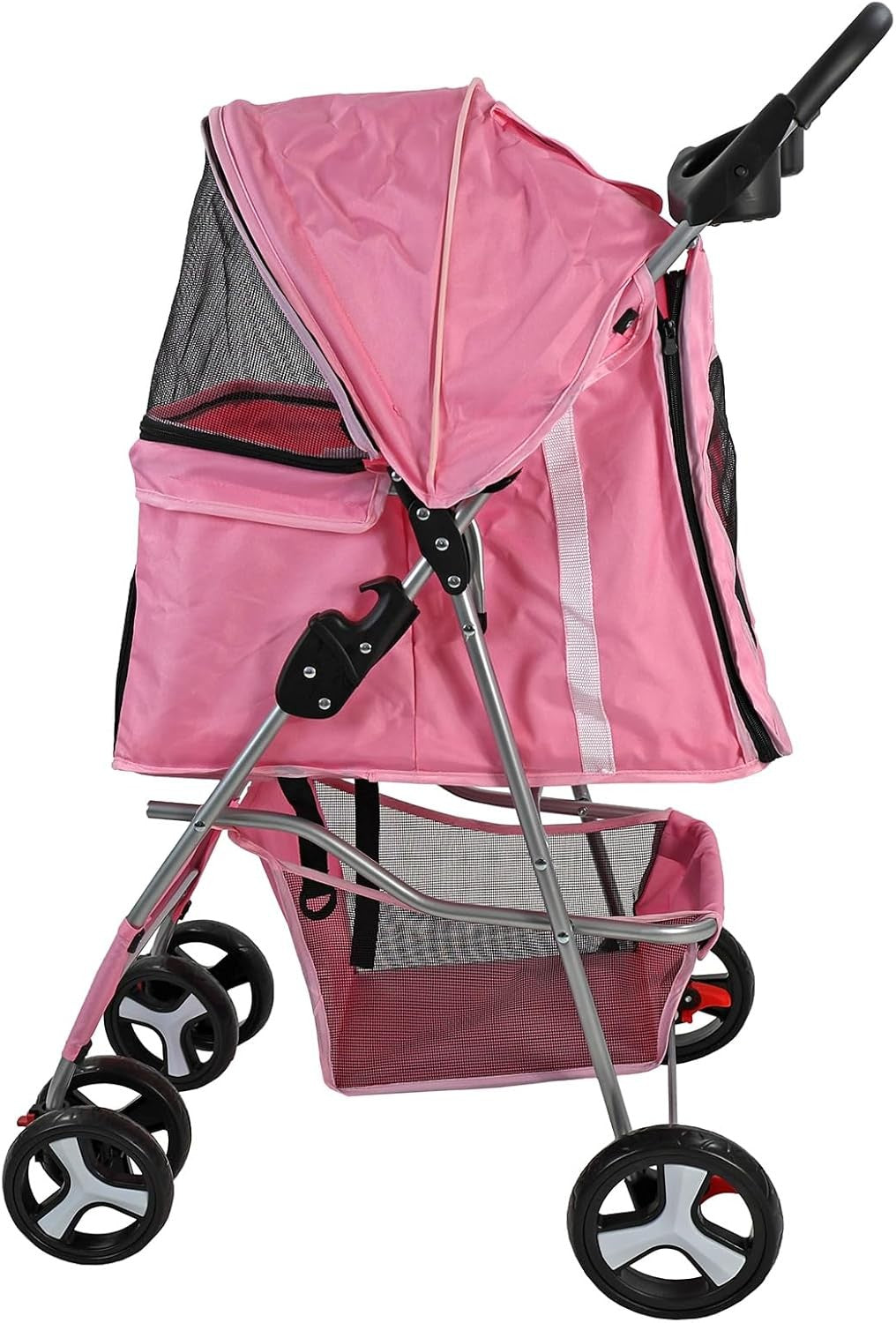 Pet Stroller Dog Cat Pushchair Foldable Swivel Wheels 15kg Pink + Cover
