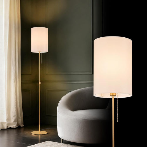 Gold Floor Lamp Adjustable Height Fabric Shade Pull Chain E27 Tall Light