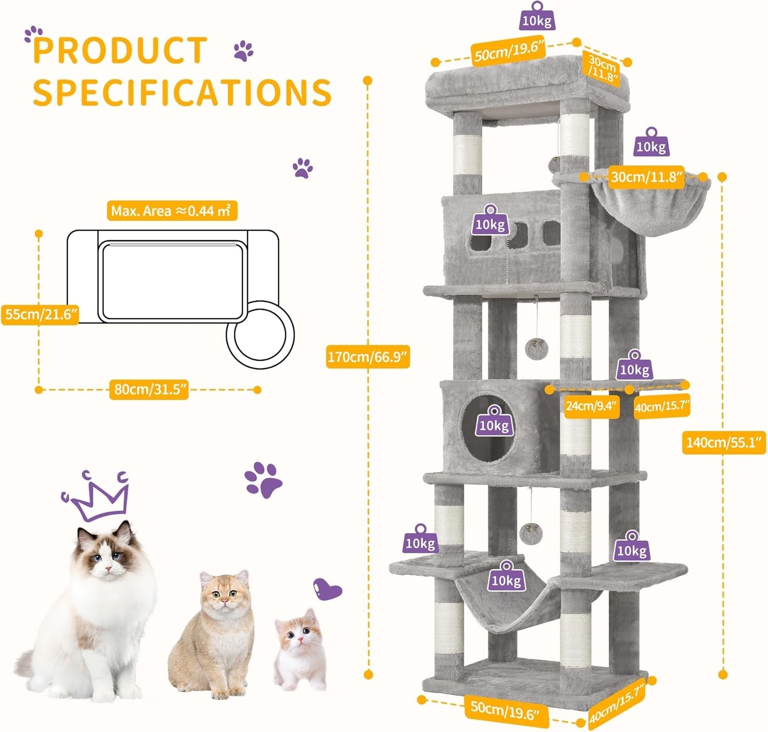 170cm Tall Cat Tree Tower Multi-Level Scratching Posts Condos Large