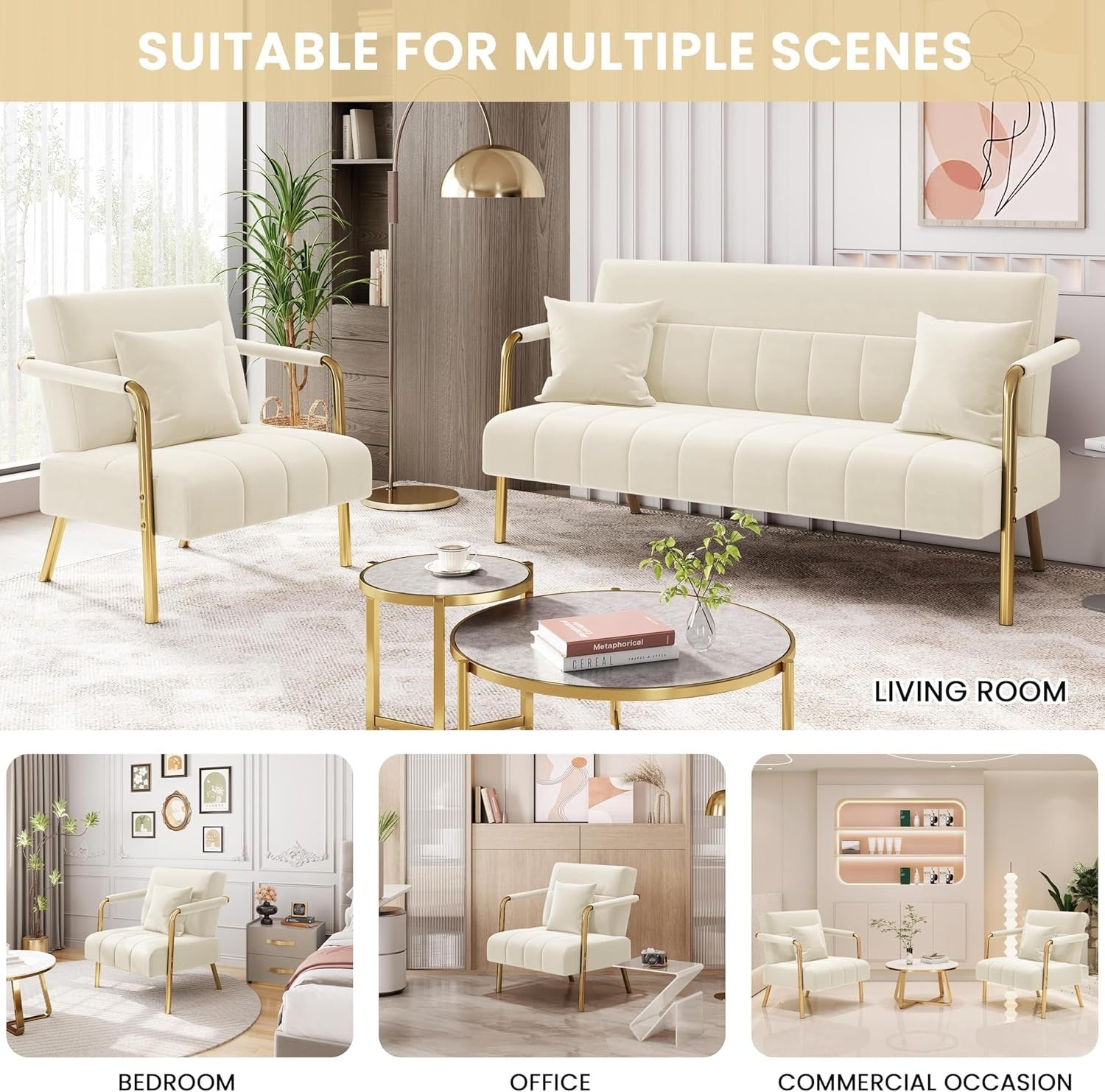 Modern Velvet Accent Armchair – Beige Upholstered Lounge Chair with Gold Legs