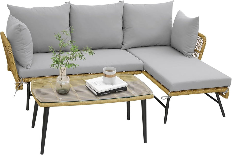 3PC L-Shaped Rattan Garden Corner Sofa Set Patio Lounge Glass Table Grey