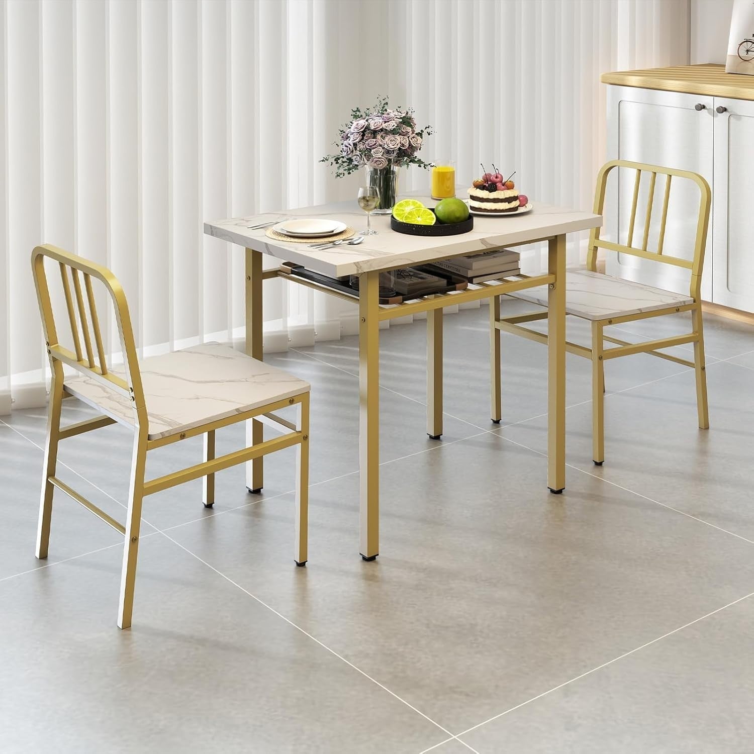 3 Piece Space-Saving Dining Table Set with Storage Rack & Gold Metal Legs