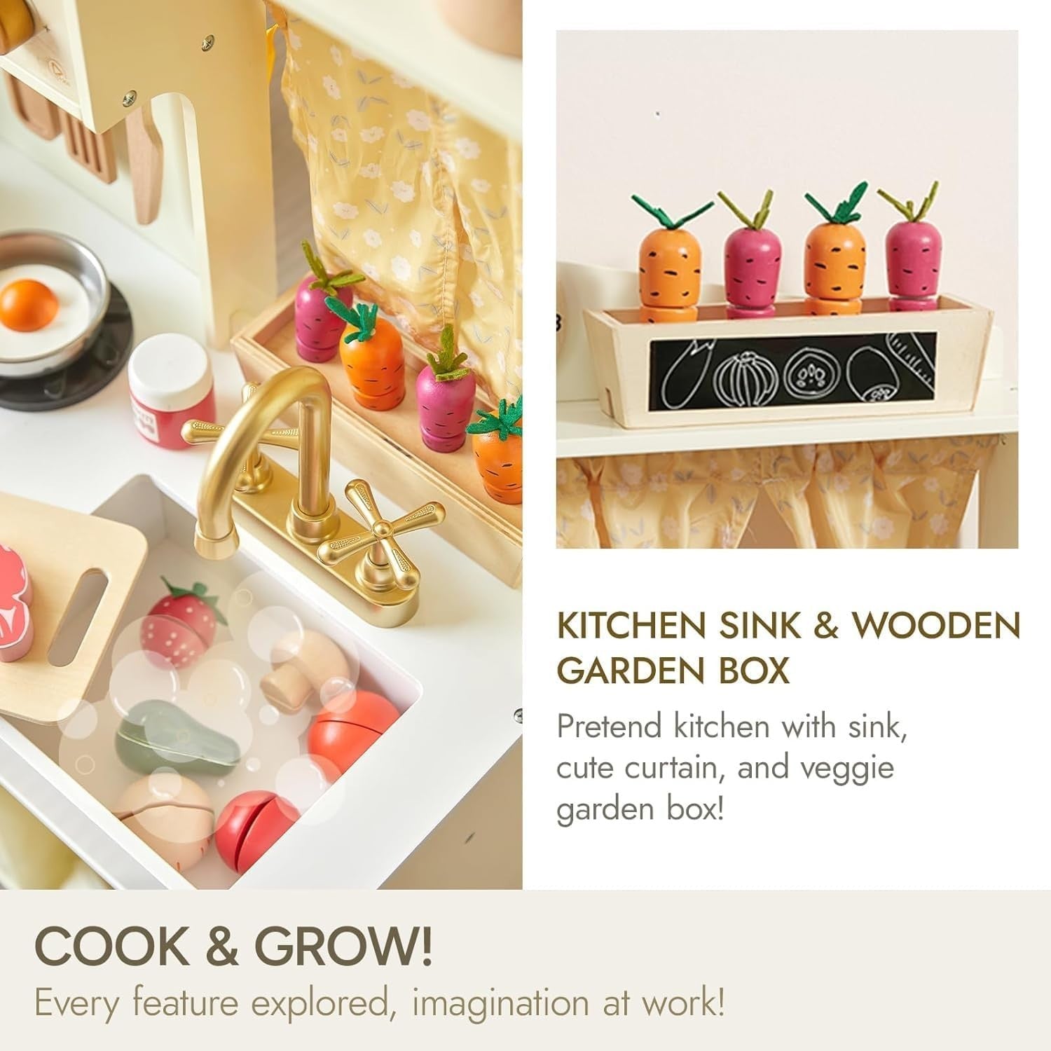 Wooden Kids Play Kitchen w/ Ice Maker Microwave Oven Accessories