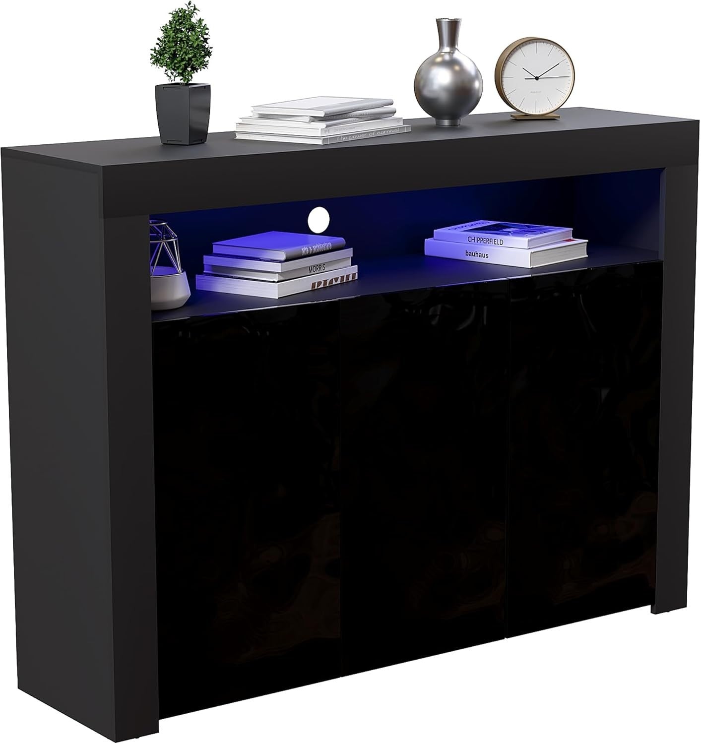 Modern Black LED Sideboard 3 Doors 3 Drawers RGB Lighting Storage Cabinet
