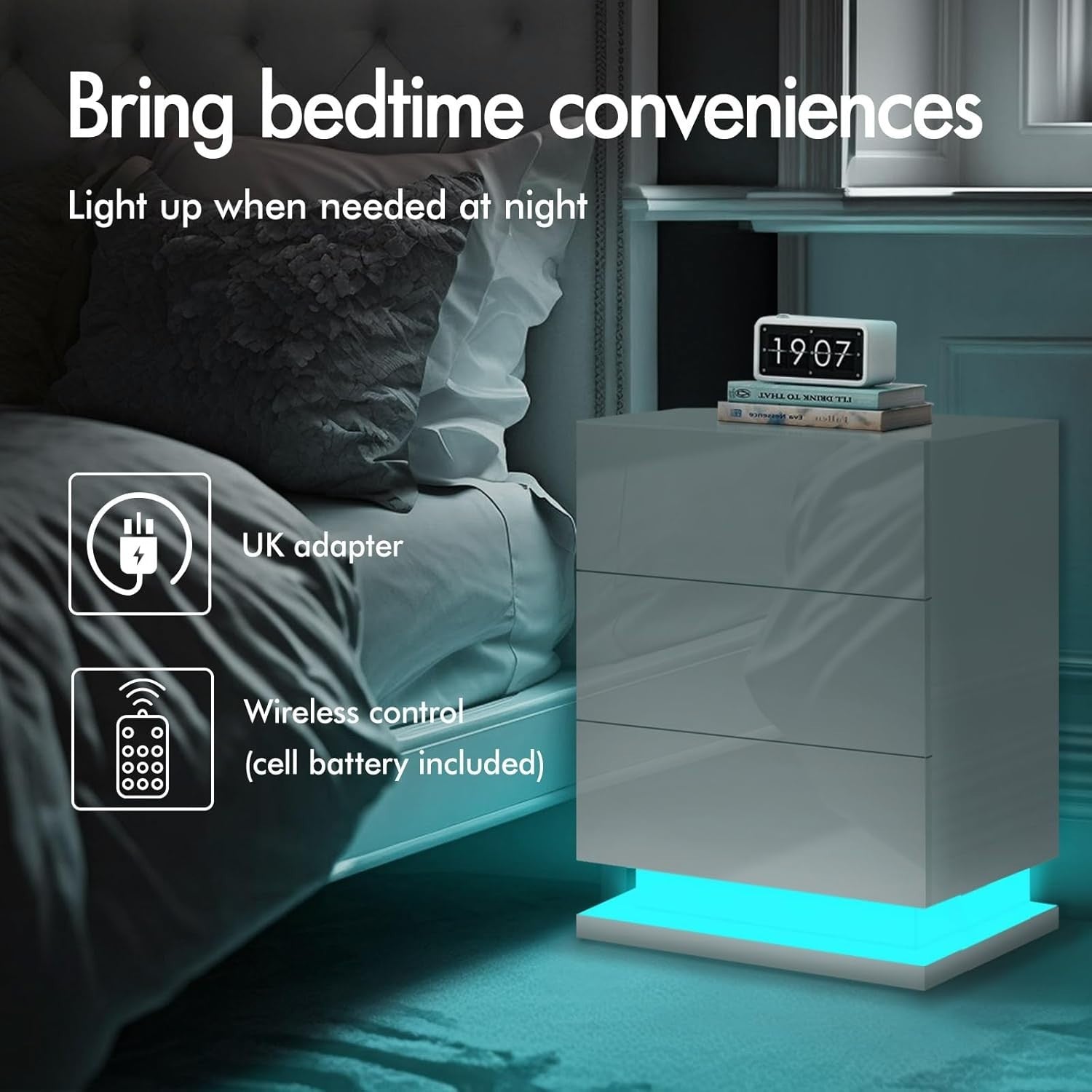 LED Bedside Table with 3 Drawers & RGB Lights | Modern High Gloss Nightstand
