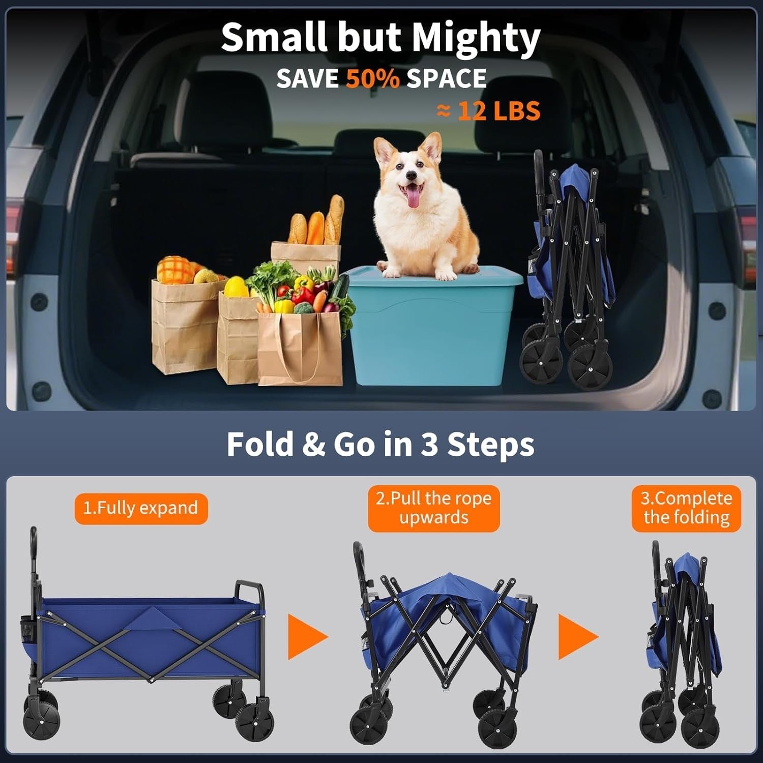 220L Folding Festival Wagon Heavy Duty Cart 172kg Load All Terrain Wheels Blue