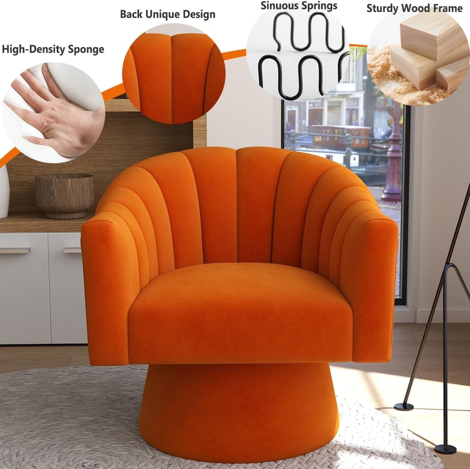 Orange Velvet Swivel Accent Chair 360° Modern Armchair for Lounge Room